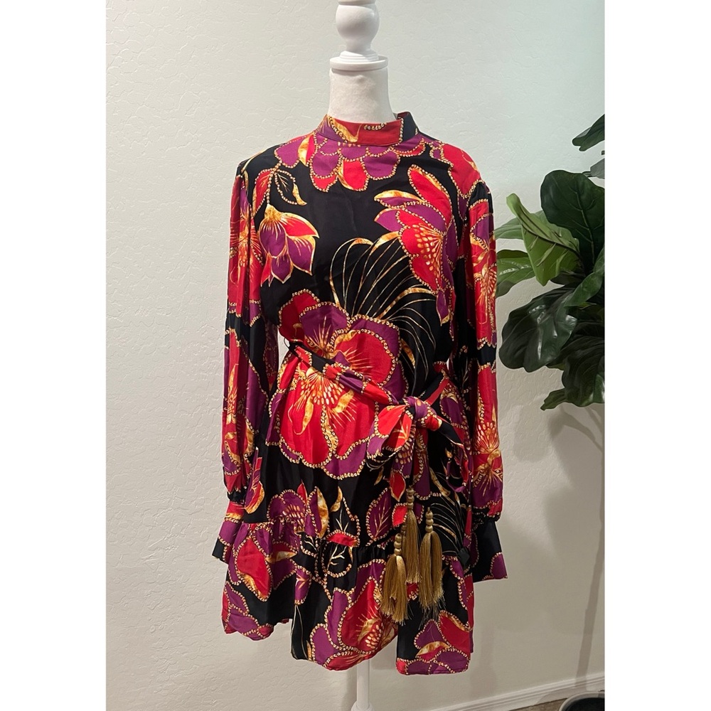 NEW FARM Rio Shiny Cheetah Floral Print Mini Dress With Belt Women's Size small - Picture 5 of 13